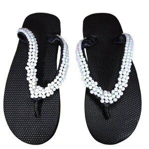 Beaded Flip Flops for Women Summer Style Sandals - (White)